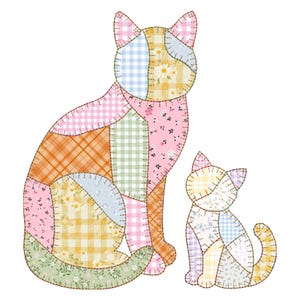 Patchwork Cat Applique Embroidery Design, Cute Quilt Animal Embroidery File, Fabric Cat Machine File, Nursery Decor Instant Download