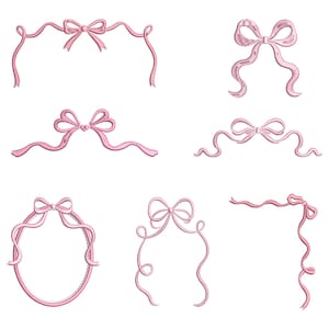 Può includere: Una collezione di disegni di fiocchi di nastro rosa in vari stili. I fiocchi sono disposti in diverse forme, tra cui una cornice, bordi e disegni di fiocchi individuali. L'immagine è su sfondo bianco.