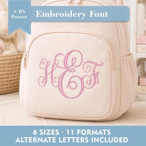 May include: A light pink backpack featuring a large, decorative pink embroidered monogram with the letters H and F in a cursive script. The text Embroidery Font, 6 SIZES, 11 FORMATS, and ALTERNATE LETTERS INCLUDED is visible on the image.