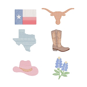 Build Your Own Texas Cowboy Sketch Embroidery Design, Texas State Icons, Longhorn Boots Bluebonnet Cowboy Hat, PES DST, Instant Download