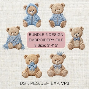 Puede incluir: Un paquete de archivos de bordado con seis diseños de osos de peluche. Los osos visten diferentes atuendos, como una sudadera con capucha, una camisa y una manta. El texto de la imagen dice: "BUNDLE 6 DESIGN EMBROIDERY FILE 3 Size: 3' 4' 5'". Formatos de archivo: DST, PES, JEF, EXP, VP3.