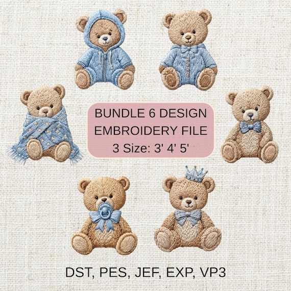 Teddy Bear Baby Embroidery Design Bundle, Baby Bear Machine Embroidery File, Nursery Teddy Bear Embroidery Pattern, Baby Shower Gift Design