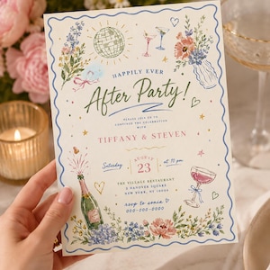 Pode incluir: Um cartão de convite retangular com uma borda azul ondulada, apresentando ilustrações em aquarela de uma bola de discoteca, coquetéis, champanhe e arranjos florais. O texto diz: Happily Ever After Party! Tiffany & Steven, 23 de agosto.