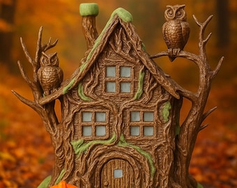 STL Halloween Tree House - fichier d'impression 3D de la maison hantée - village miniature effrayant - hiboux et citrouille - téléchargement numérique pour décoration d'Halloween