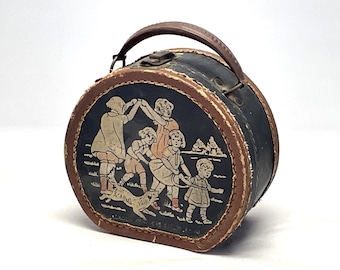 Antique 1920s Miniature Leather Hatbox Travel Case Child Figural Scene 8"