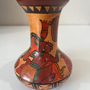 Vintage Mayan Pottery Art Vase, warriors, polychrome terracotta, marked Cozumel, 1960’s, pre-Columbia inspired