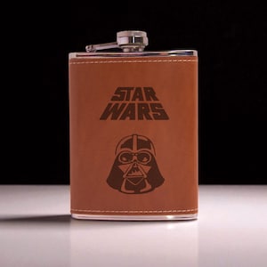 Starwars Flask Set | Personalized Leather Flask Set with Wood Box | Custom Flask Box | Best Man Gift For Him | Leather Accessory