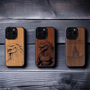 Engraved Godzilla Wood iPhone Case: Custom Kaiju Gift