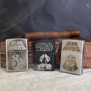 Starwars Zippo-aansteker gegraveerd | Aangepast gepersonaliseerd Star Wars-cadeau | Vintage zilveren, zwarte of premium replica aanstekers | Cadeau stalknecht
