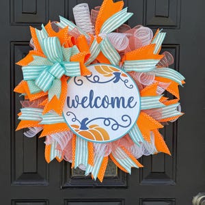 Fall Wreath - Orange and Teal Pumpkin Wreath - Fall Decor - Fall Home Decor - Welcome Wreath - Handmade - Autumn Decor - Free Shipping