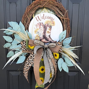 Rustic Cowgirl Boot Welcome Wreath with Sunflowers and Animal Print Bow – Country Farmhouse Grapevine Door Decor- Burlap-western