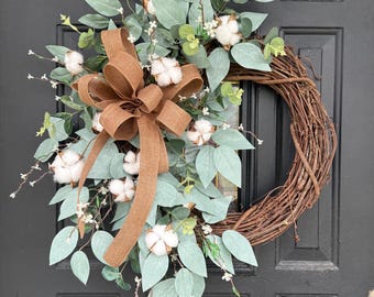 Grapevine Wreath - Farmhouse -Cotton Balls, Eucalyptus & Burlap Bow - Year Round - Front Door Decor - Rustic - Home decor - Free Shipping
