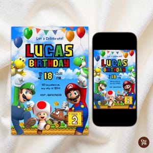 Convite de aniversário do Super Mario, modelo de convite de aniversário editável para meninos, download digital de aniversário, tema do Mario Bros.