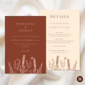Suite de mariage bohème avec code QR, ensemble de faire-part de mariage en terre cuite, suite simple à thème bohème rustique, carte RSVP, modèle de toile modifiable