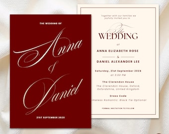 Burgundy Wedding Invitation Suite Template: Elegant Canva Editable Design (Digital Download