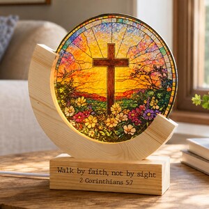 Personalized Christian Night Lamp, Stained Glass Effect Acrylic, Jesus Accent, Custom Engraved Base