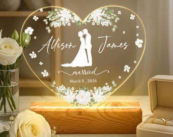 Personalized Wedding Anniversary Gift, Married Heart LED Night Light – Custom Bride & Groom Name Lamp, Unforgettable Wedding Gifts