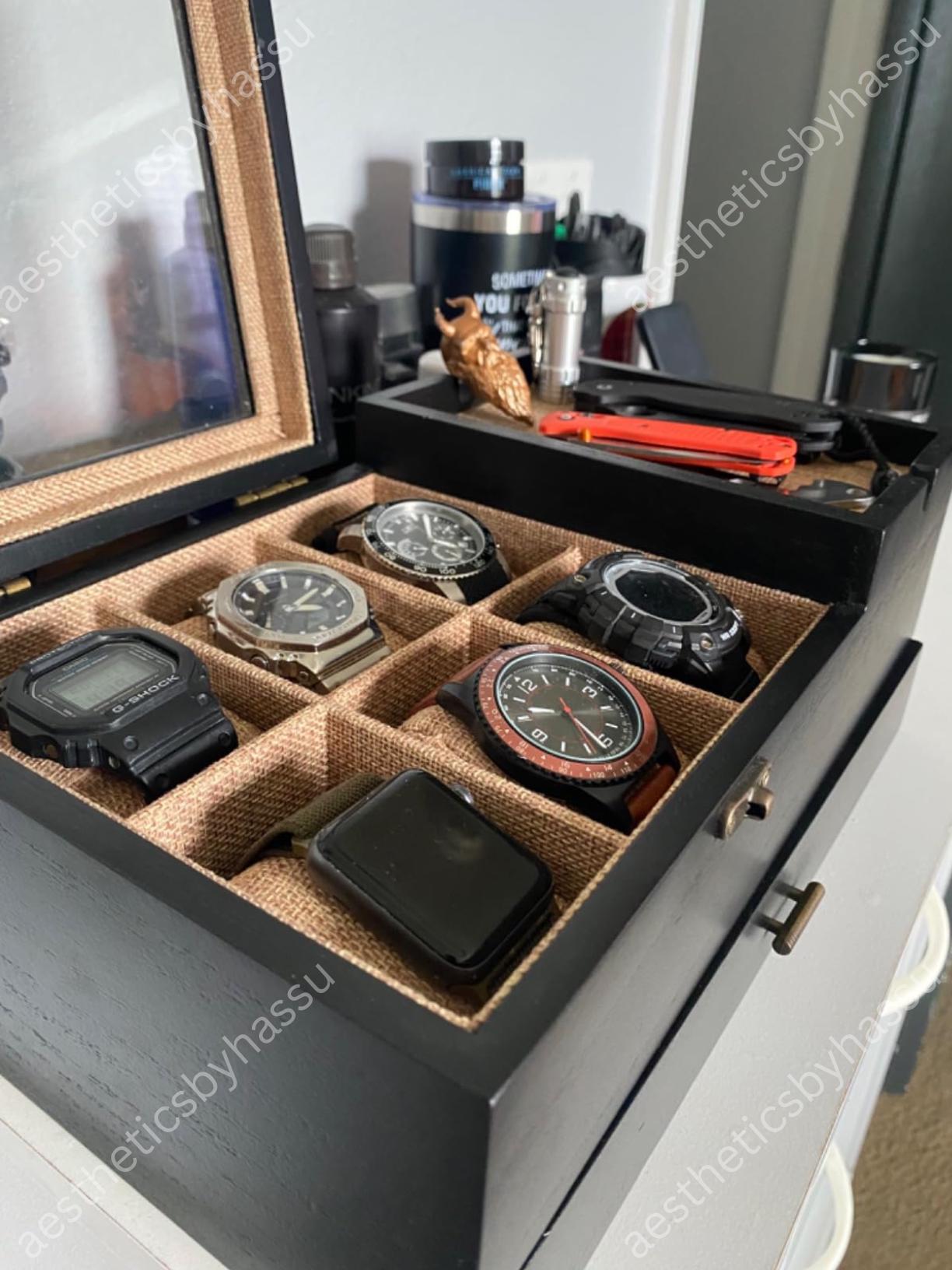 Coffret à Montres En Bois (style Bambou) - 6 Emplacements - Vitrine Avec Couvercle - Cadeau Homme Idéal