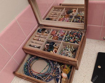 Rustic Wooden Jewelry Box with Mirror & Drawer - Vintage Style