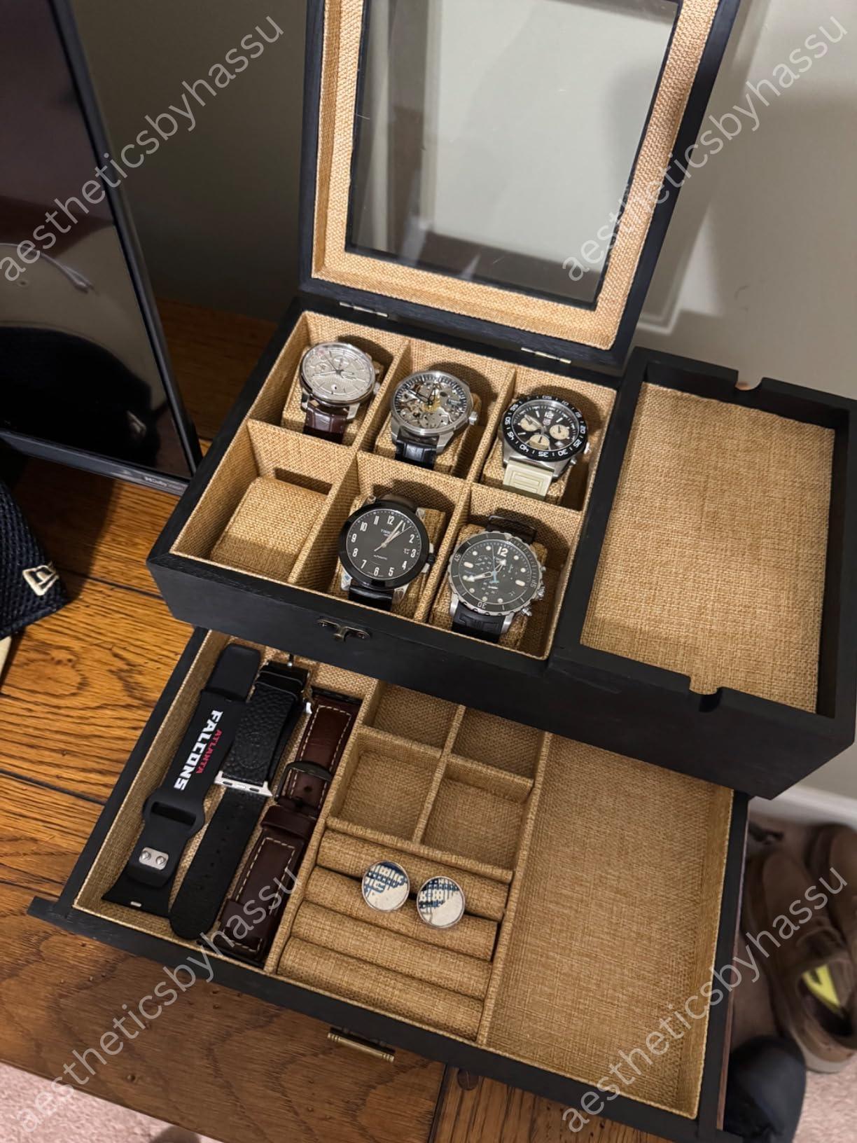 Coffret En Bois (aspect Bambou) Pour 6 Montres - Boîte De Rangement Avec Vitrine - Cadeau Pour Homme