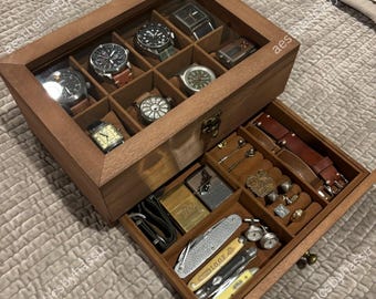 Rustic Wooden Watch Box with Drawer: 2-Tier Organizer