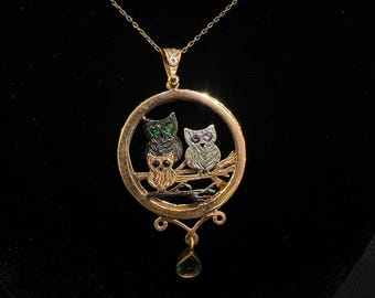Sterling Silver Gold Plated Owl & Branch Art Pendant with Gemstone Drop – Mixed Metal Nature Jewelry