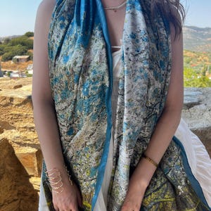 Large Silk Scarf 192x74 cm (75.5&#39;&#39;x29.13&#39;&#39;) Painting, Artistic Abstract Print Silk Wrap, Colorful Luxury Fashion Accessory