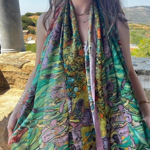 Large Silk Scarf 192x74 cm (75.5&#39;&#39;x29.13&#39;&#39;) Vincent Van Gogh Painting, Artistic Abstract Print Silk Wrap, Colorful Luxury Fashion Accessory