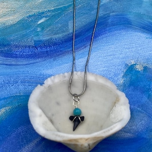 Real Fossil Shark Tooth Necklace: Silver Wire Wrapped, Ocean Bead