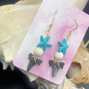 Beach Babe Shark Tooth Earrings – Starfish Charm & Real Fossil Vibes