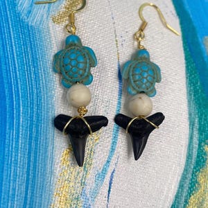 Sea Turtle & Shark Tooth Earrings – Coastal Vibes Jewelry from Real Fossils