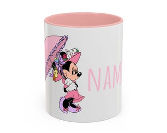 Taza personalizable de Minnie Mouse con nombre, 11 oz o 15 oz.
