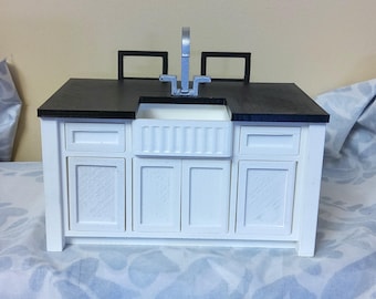 Dollhouse miniature kitchen island with bar stools 1:12