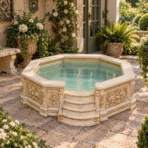 May include: An octagonal stone hot tub featuring intricate relief carvings on the exterior panels and a set of three integrated steps. The basin is filled with clear, light blue water, and the structure is finished in a weathered beige tone.