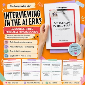 May include: A set of 36 double-sided printable practice cards titled Interviewing in the AI Era by Dr. Vivian Ching. The cards include role-based sample answers, answer formulas, self-scoring, and practical AI interview preparation tips.