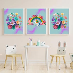 Bright Unicorn Rainbow and Flowers Digital Poster Set - Magical Wall Art - Digital Download