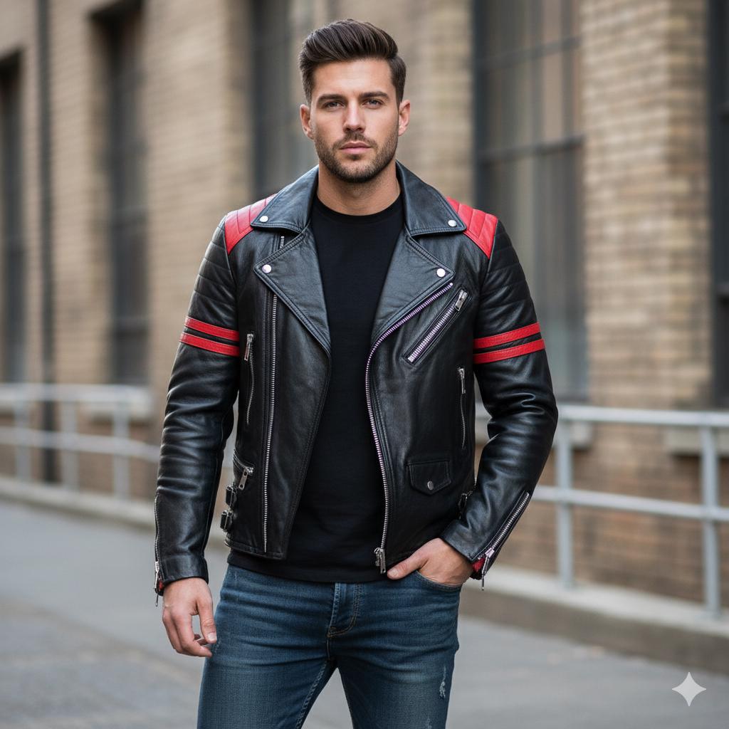 Men's Lambskin Cafe Racer Leather Jacket – Red Stripe Biker Coat