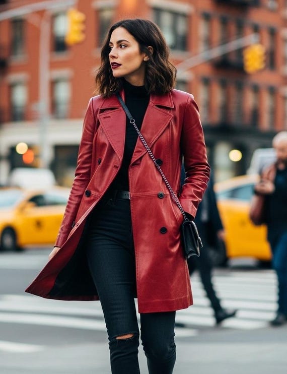 Red Womens Long Leather Trench Coat 'Belle Du Jour' 100% Leather