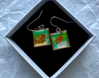 Green and Copper Leaf Papier Mache Earrings