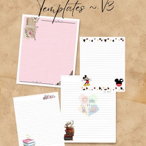 May include: Assortment of lined letter templates with decorative elements. One sheet is pink with floral and butterfly accents. Another features Mickey Mouse and heart designs. The text "Random Cute Letter Templates ~ V3" is at the top.