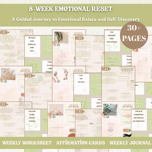 以下が含まれることがあります： 8週間の感情的なリセットのための、印刷可能なワークシート、アファメーションカード、ウィークリージャーナルのコレクション。デザインは、植物や抽象的なイラストを使用した、柔らかくニュートラルなカラーパレットが特徴です。「8-WEEK EMOTIONAL RESET」と「30+ PAGES」の文字が含まれています。