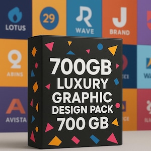 Könnte beinhalten: Eine schwarze Box mit dem weißen Text "700GB LUXURY GRAPHIC DESIGN PACK 700 GB". Sie ist mit bunten geometrischen Formen verziert. Der Hintergrund zeigt verschiedene Logo-Designs.