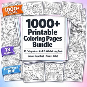 Könnte beinhalten: Ein Bundle mit über 1000 ausdruckbaren Malvorlagen. Auf dem Cover steht "1000+ Printable Coloring Pages Bundle" mit den Wörtern "13 Themes" und "Printable PDF". Die Seiten zeigen verschiedene Designs, darunter ein Einhorn, Drachen, Katze und Blumenmuster.
