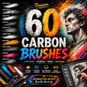Puede incluir: Una colección de arte digital titulada 60 CARBON BRUSHES que presenta un retrato y varias muestras de trazos como carboncillo suave, carboncillo duro, tiza, línea de boceto, sombra texturizada, difuminado, mezcla, trazo grueso, punteado, grano, pincel seco y sombreado.