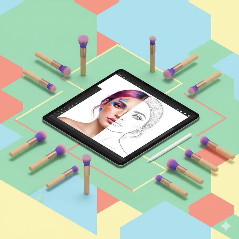 以下が含まれることがあります： タブレットに表示された、女性の顔のデジタルイラスト。色は半分、線画は半分。紫色の毛と木製の柄の化粧ブラシがタブレットの周りに配置され、白いスタイラスも添えられています。背景は幾何学模様です。
