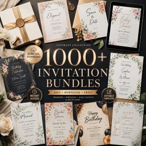Könnte beinhalten: Eine Sammlung von Einladungs-Bundles für Hochzeiten, Geburtstage und Babypartys. Die Einladungen zeigen florale Designs und elegante Schriftarten. Das Bild enthält Einladungen mit Texten wie "Save the Date" und ein Tablet mit einer Babyparty-Einladung.