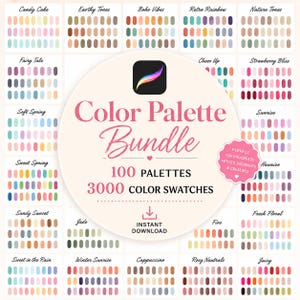 Könnte beinhalten: Ein digitales Farbpaletten-Bundle mit 100 Paletten und 3000 Farbfeldern. Das Bild zeigt verschiedene Farbschemata wie "Candy Cake", "Earthy Tones" und "Retro Rainbow". Der Text enthält "Sofort-Download".