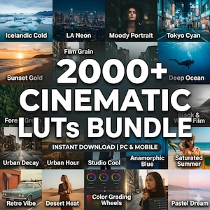 May include: An advertisement for a "2000+ Cinematic LUTs Bundle" with diverse colour grading presets. The image displays sample photos with varied colour styles, such as "Icelandic Cold," "LA Neon," and "Sunset Gold." The text also includes "Instant Download | PC & Mobile."