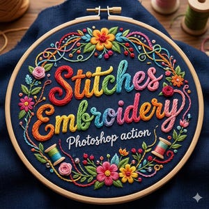 Könnte beinhalten: Ein farbenfroher Stickrahmen mit den Worten "Stitches Embroidery" in Regenbogenfarben. Das Design umfasst Blumen, Blätter und Garnrollen, alles auf einem dunkelblauen Stoff. Der Text "Photoshop action" ist ebenfalls enthalten.