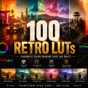 Puede incluir: Una pantalla de producto digital con el texto 100 RETRO LUTs CINEMATIC COLOR GRADING PACK FOR UNITY. El gráfico incluye un horizonte de ciudad, una torre de vigilancia y seis paneles más pequeños que muestran paisajes con etiquetas.